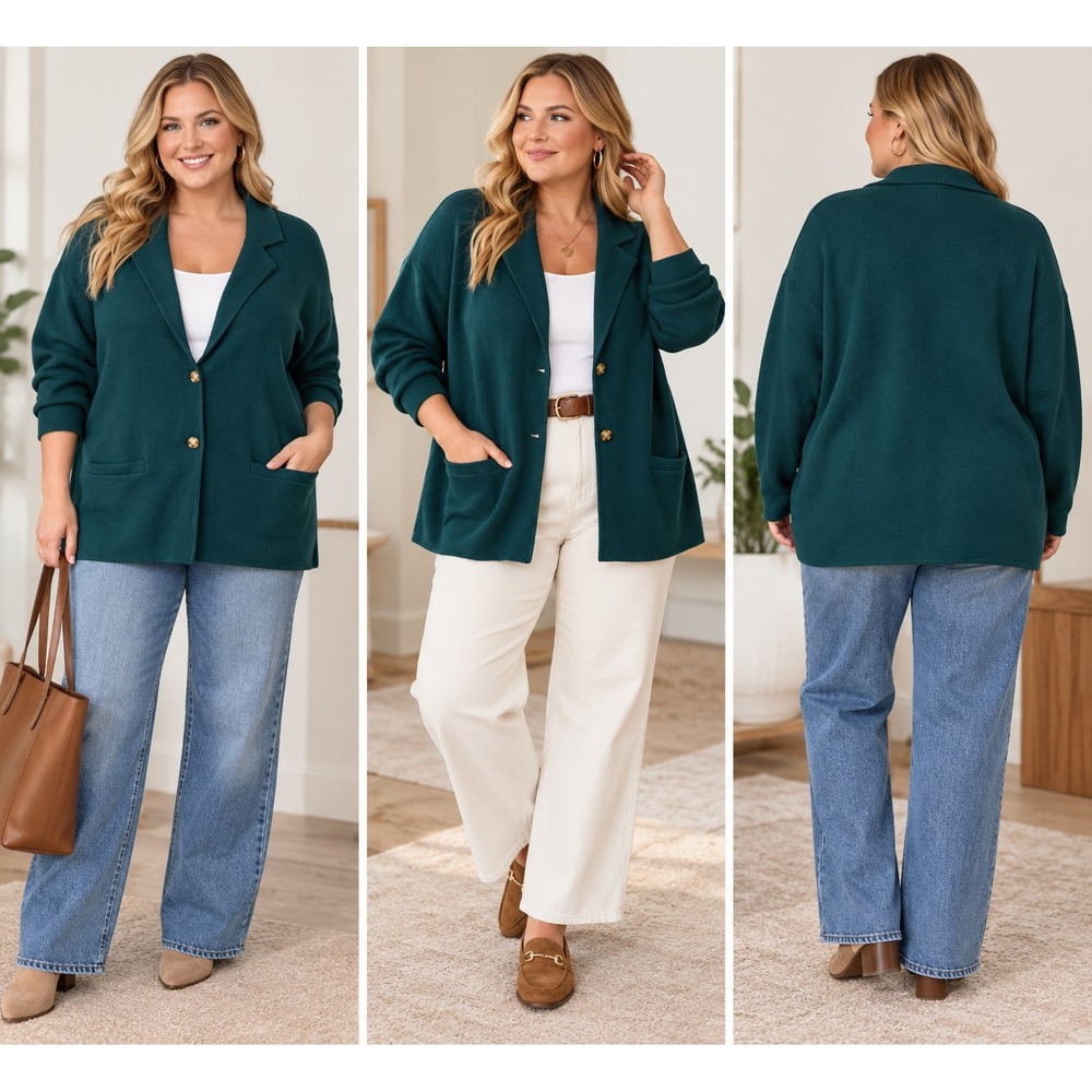 Lands End Knit Cotton Blazer Cardigan Womens 3X Green Button Front Pocket
